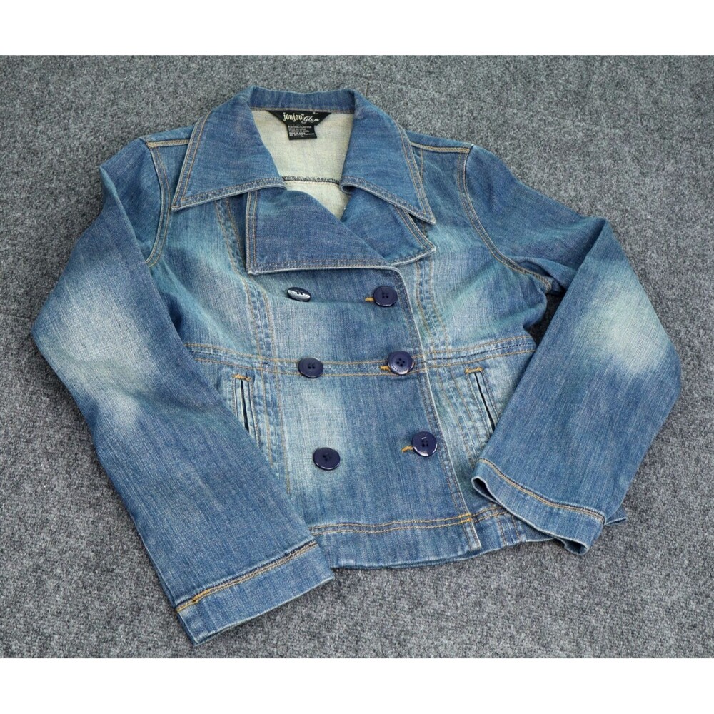 Vtg Joujou Double Breasted Denim Jacket Light Wash Wide Lapel Sz L Y2K